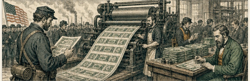 Editorial engraving: Greenbacks arrive