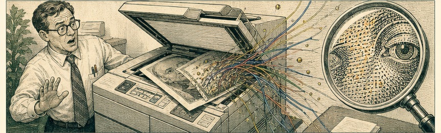 Editorial engraving: Your copier becomes suspicious