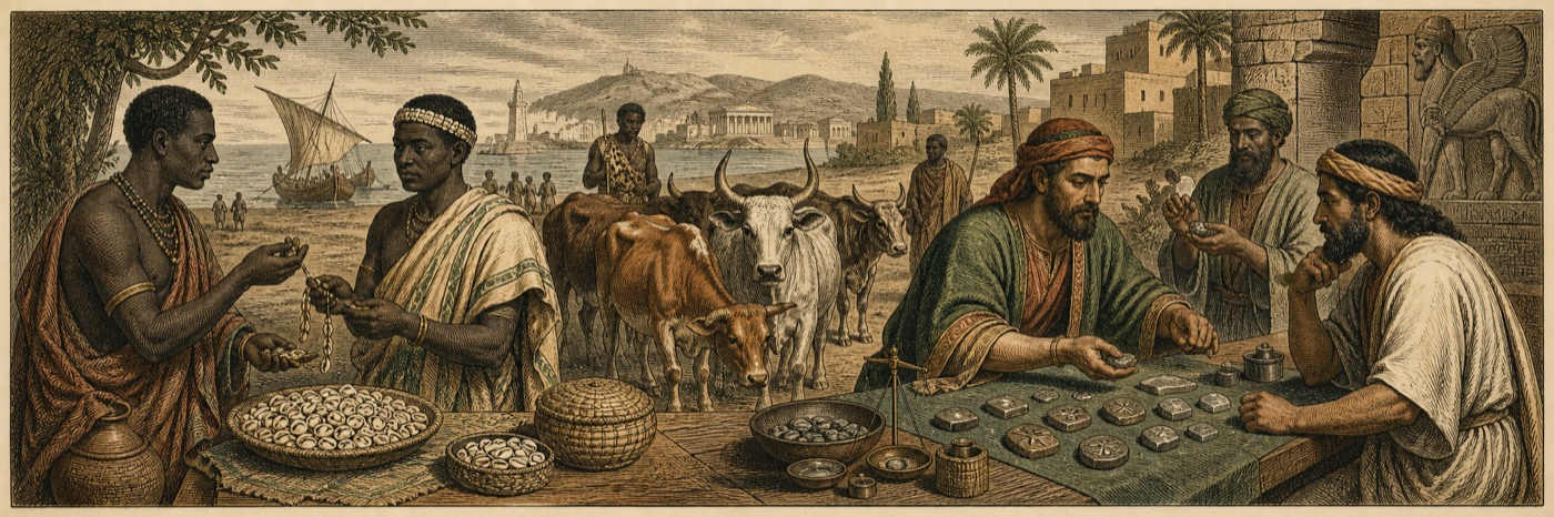 Engraved panorama of cowrie shells, cattle and early coins
