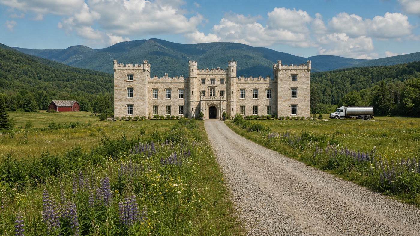 A grand pale stone house standing improbably in a Vermont mountain valley